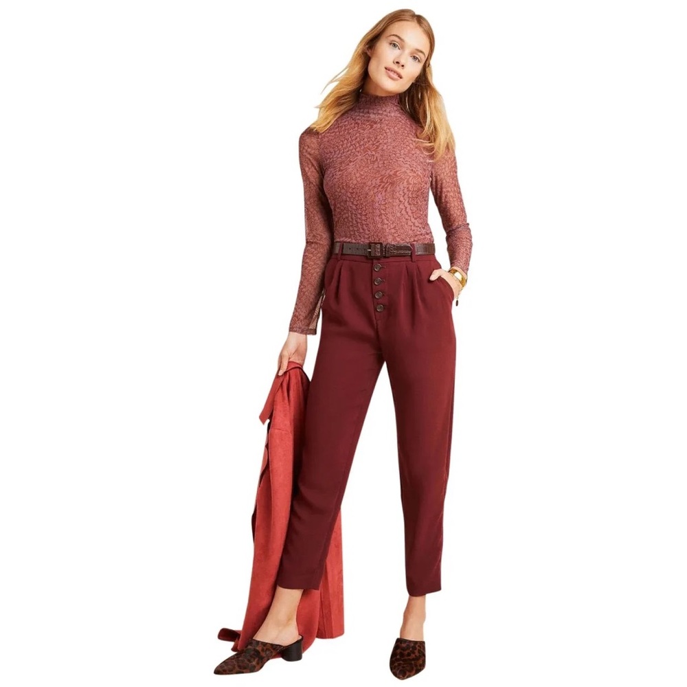 Anthropologie Sasha Red Wine Maroon Button Fly Tapered Pants Trousers